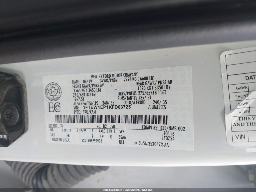 1FTEW1EP1KFD03725 2019 FORD F-150 photo no. 9