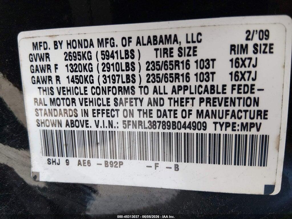 5FNRL38789B044909 2009 HONDA ODYSSEY photo no. 9