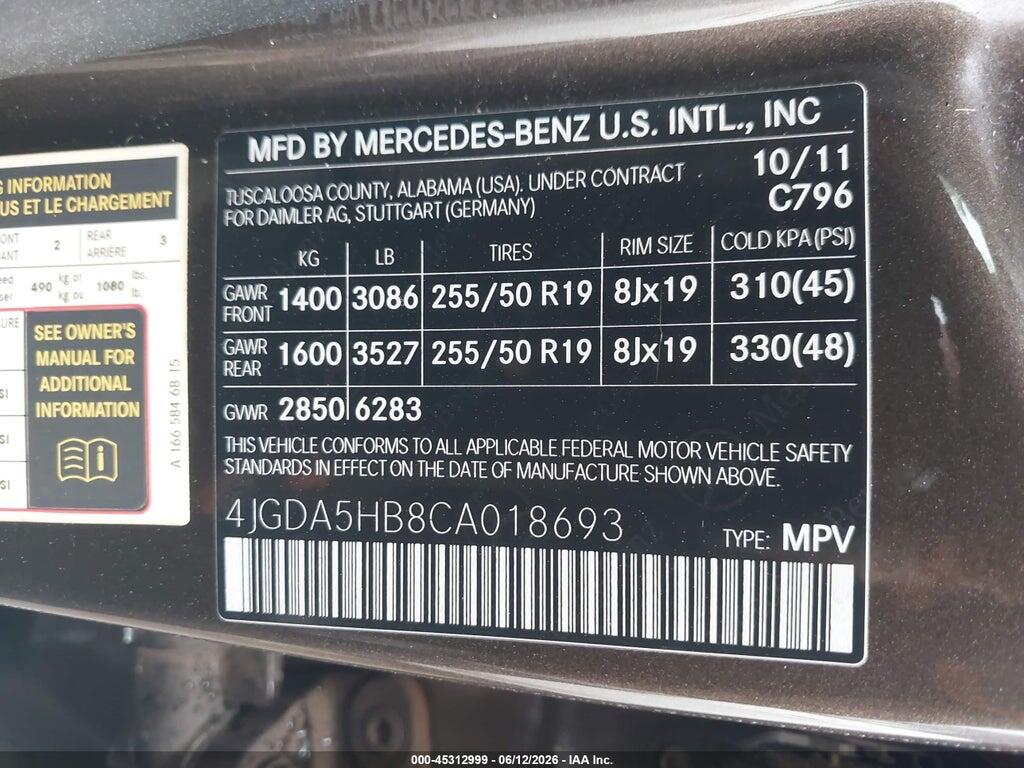 4JGDA5HB8CA018693 2012 MERCEDES-BENZ ML 350 photo no. 9