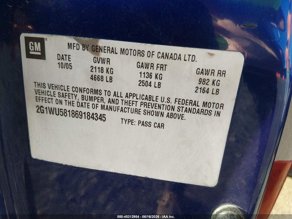 2G1WU581869184345 2006 CHEVROLET IMPALA photo no. 9