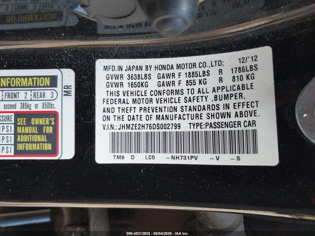 JHMZE2H76DS002799 2013 HONDA INSIGHT photo no. 9