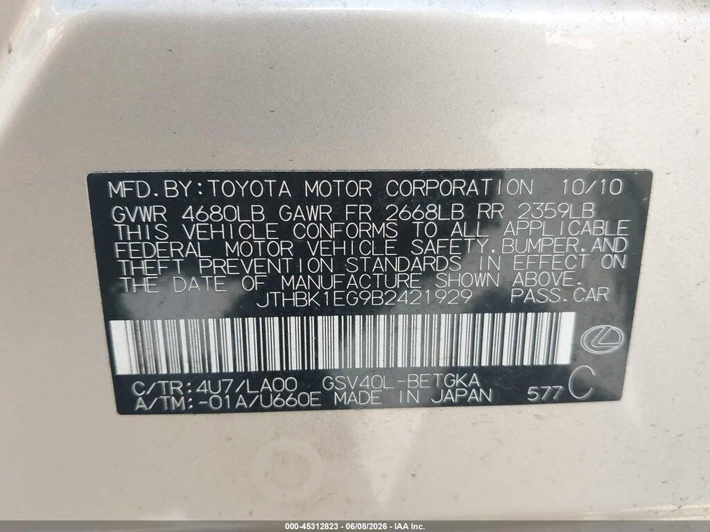 JTHBK1EG9B2421929 2011 LEXUS ES 350 photo no. 9