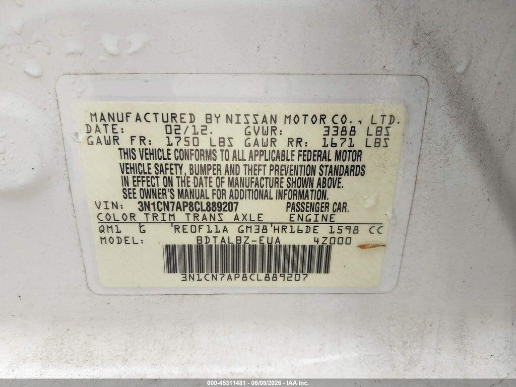 3N1CN7AP8CL889207 2012 NISSAN VERSA photo no. 9