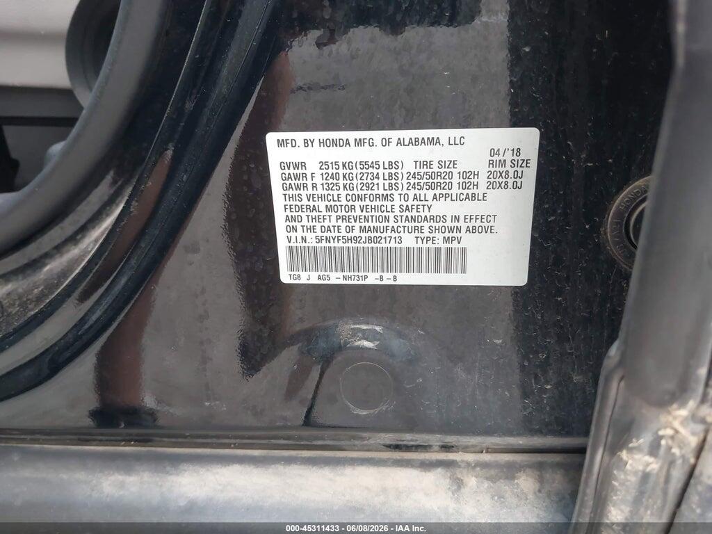 5FNYF5H92JB021713 2018 HONDA PILOT photo no. 9