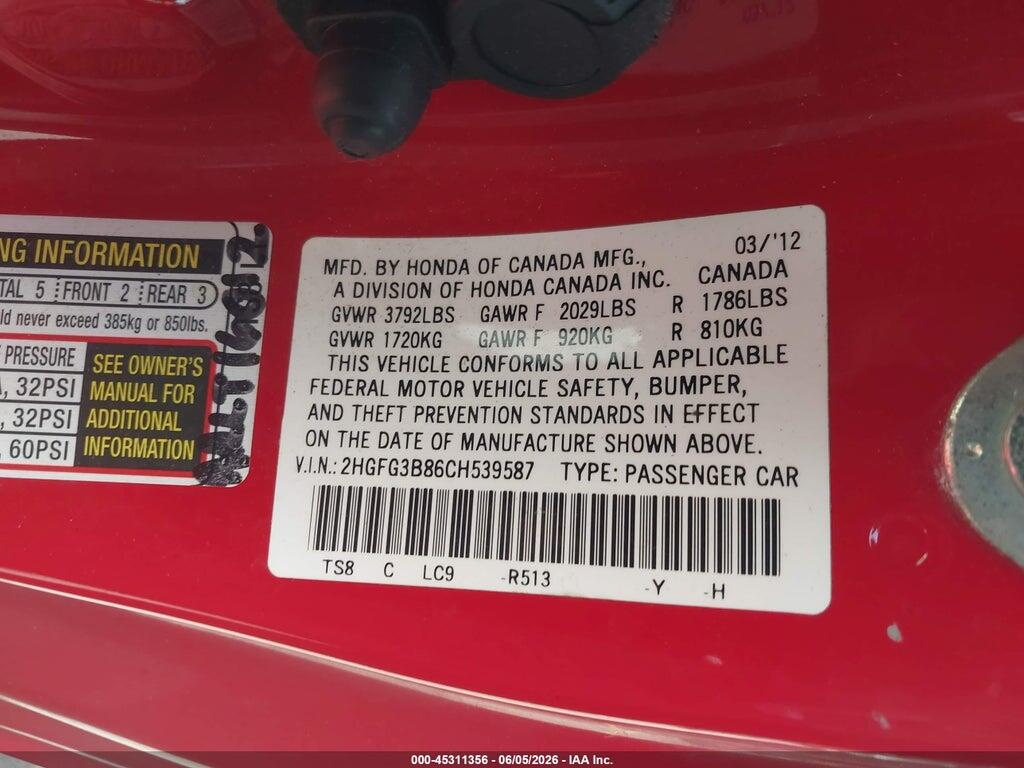 2HGFG3B86CH539587 2012 HONDA CIVIC photo no. 9