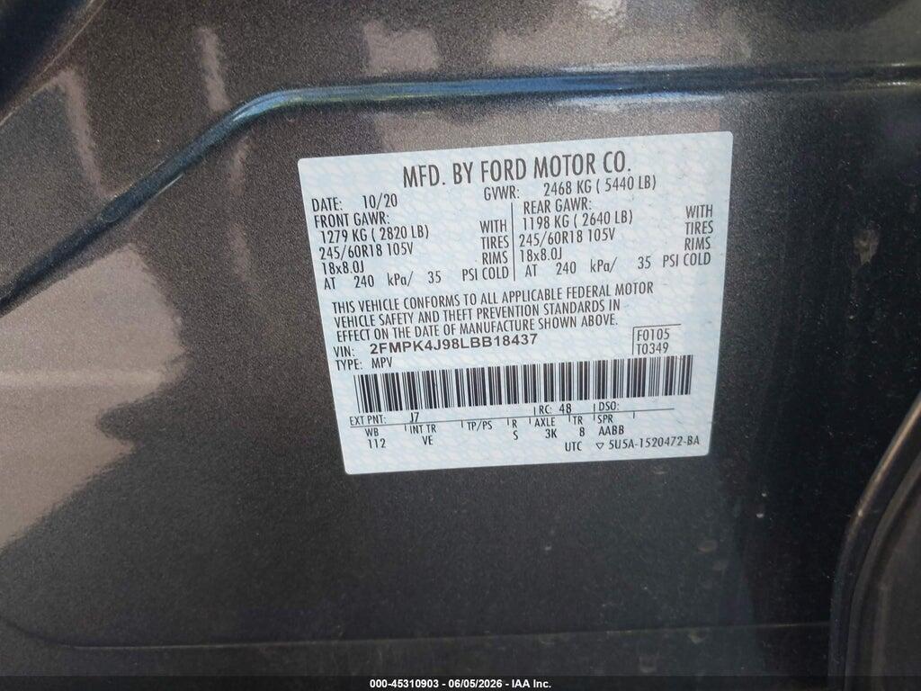2FMPK4J98LBB18437 2020 FORD EDGE photo no. 9