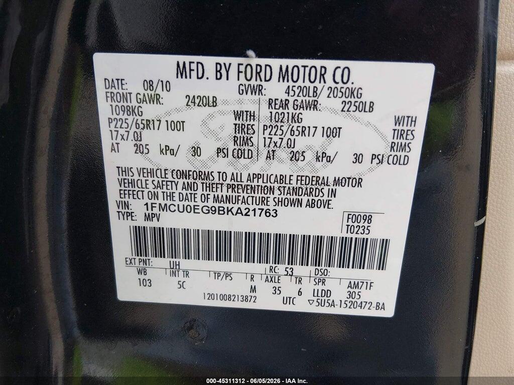 1FMCU0EG9BKA21763 2011 FORD ESCAPE photo no. 9
