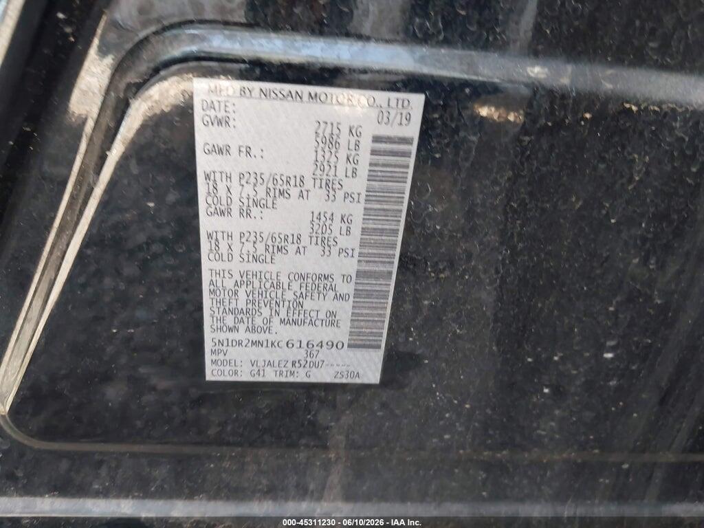 5N1DR2MN1KC616490 2019 NISSAN PATHFINDER photo no. 9