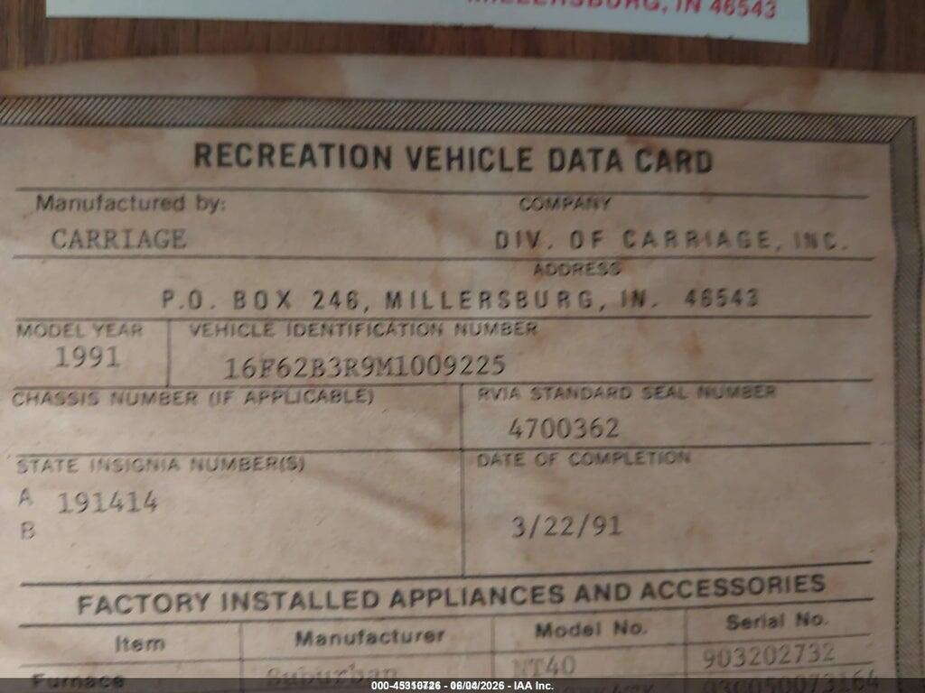 16F62B3R9M1009225 1991 CARRIAGE FIFTH WHEEL photo no. 9