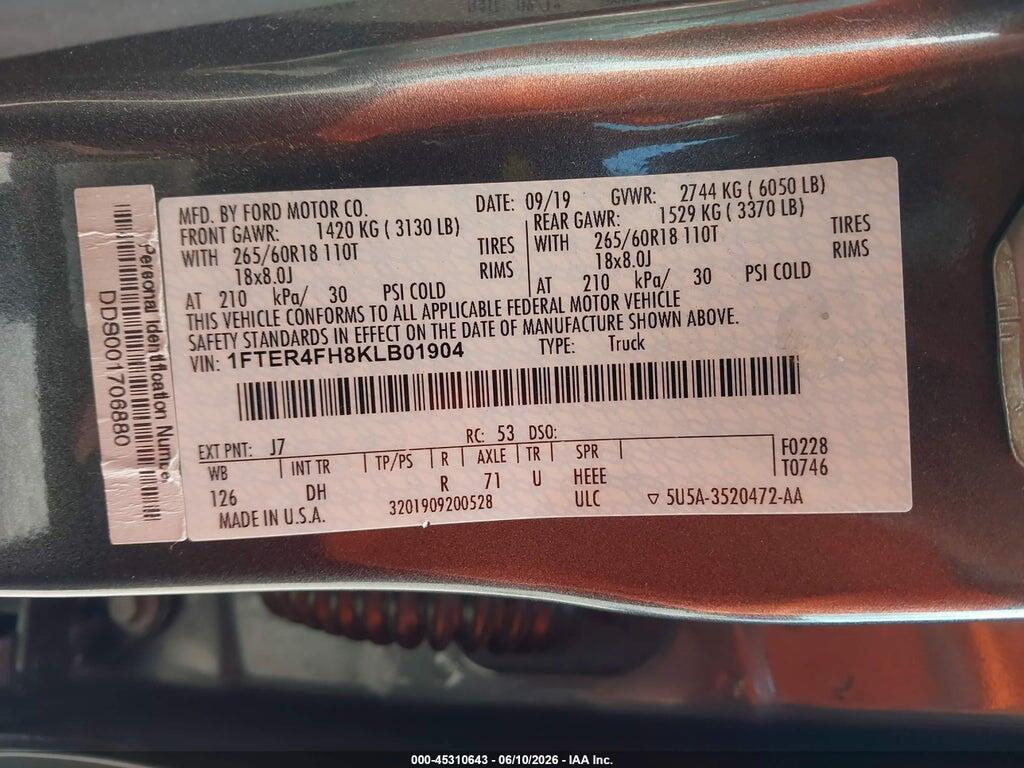 1FTER4FH8KLB01904 2019 FORD RANGER photo no. 9