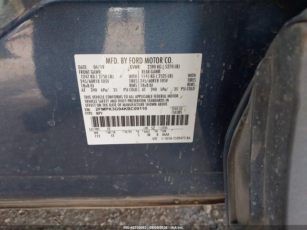 2FMPK3G94KBC09110 2019 FORD EDGE photo no. 9