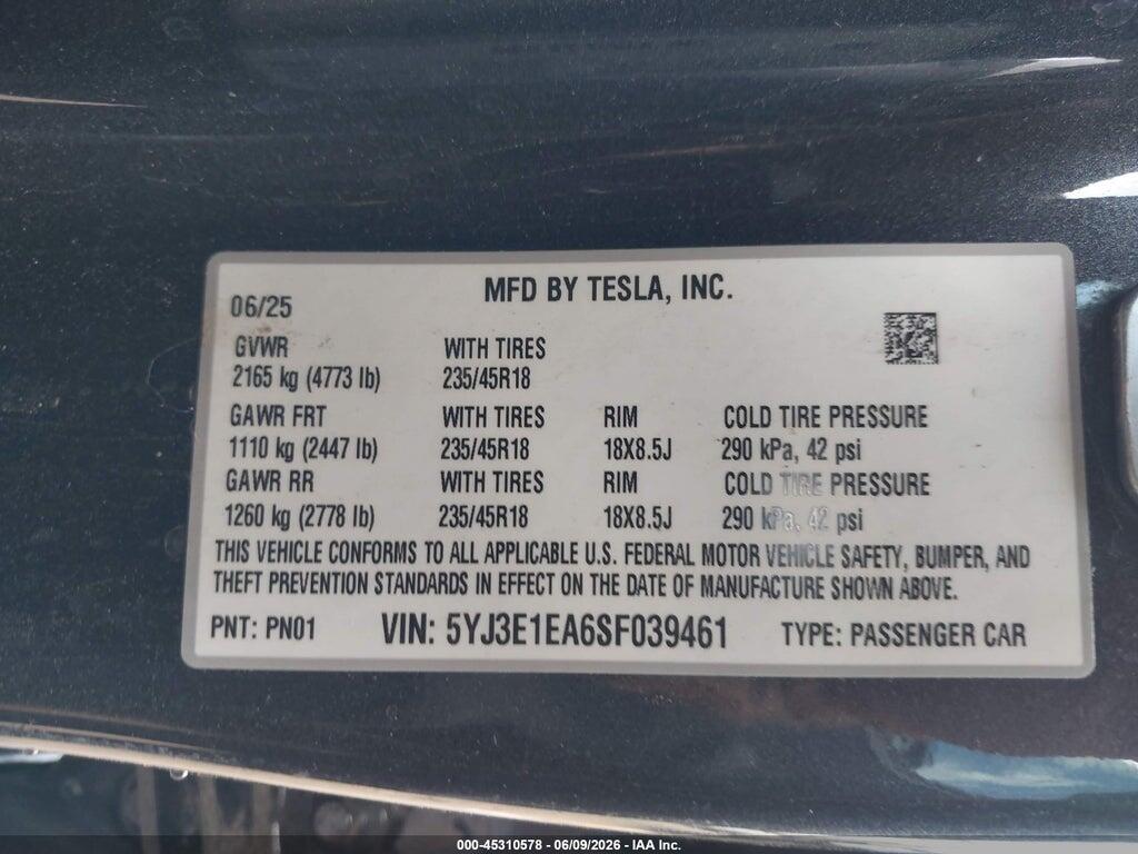 5YJ3E1EA6SF039461 2025 TESLA MODEL 3 photo no. 9