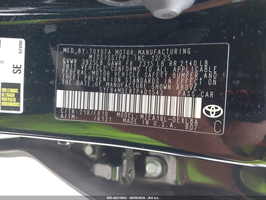 5YFB4MDE8TP401543 2026 TOYOTA COROLLA photo no. 9