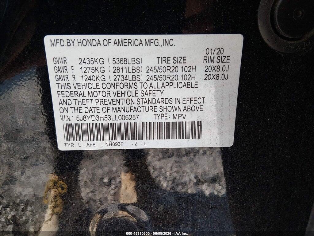 5J8YD3H53LL006257 2020 ACURA MDX photo no. 9