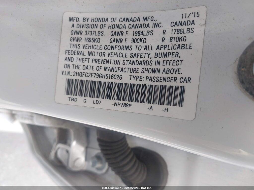 2HGFC2F79GH516026 2016 HONDA CIVIC photo no. 9
