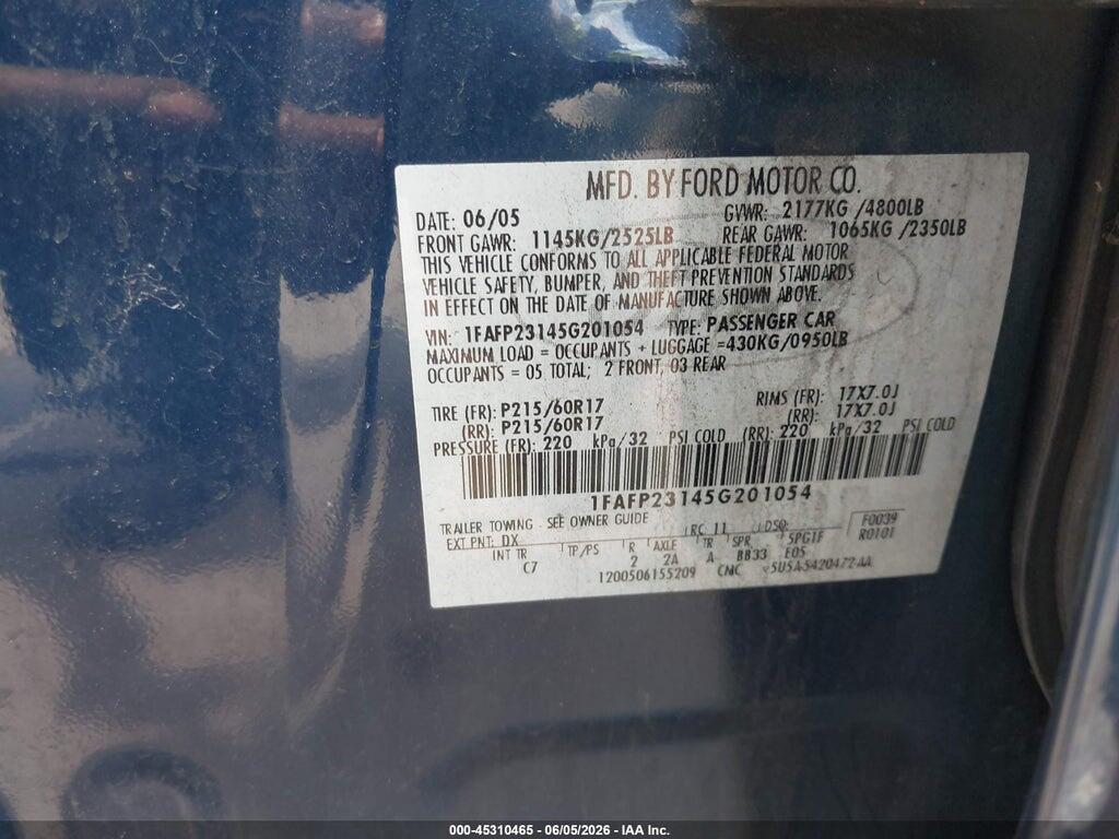 1FAFP23145G201054 2005 FORD FIVE HUNDRED photo no. 9
