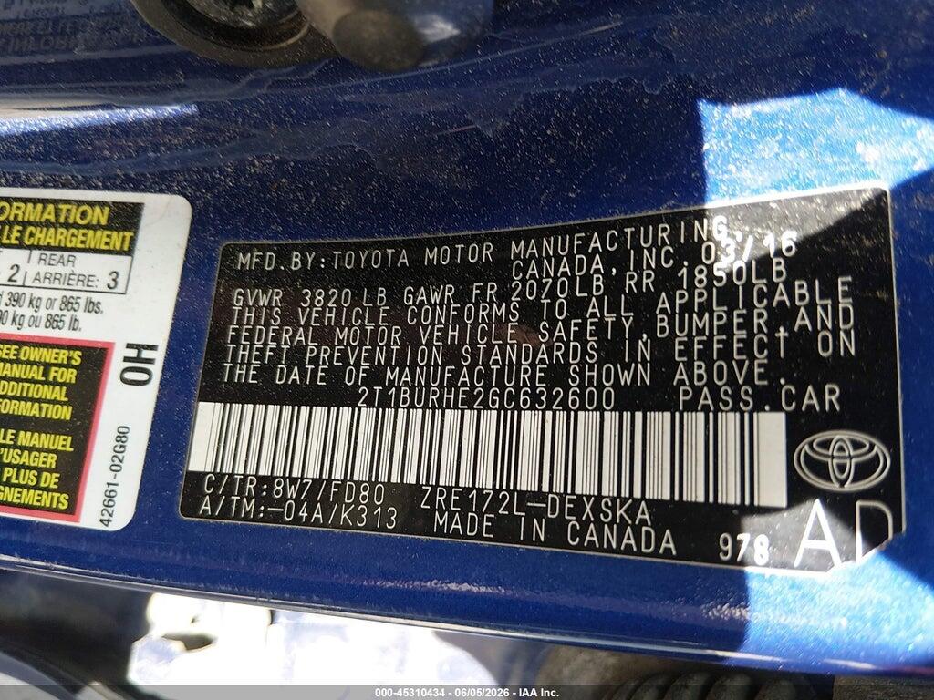 2T1BURHE2GC632600 2016 TOYOTA COROLLA photo no. 9