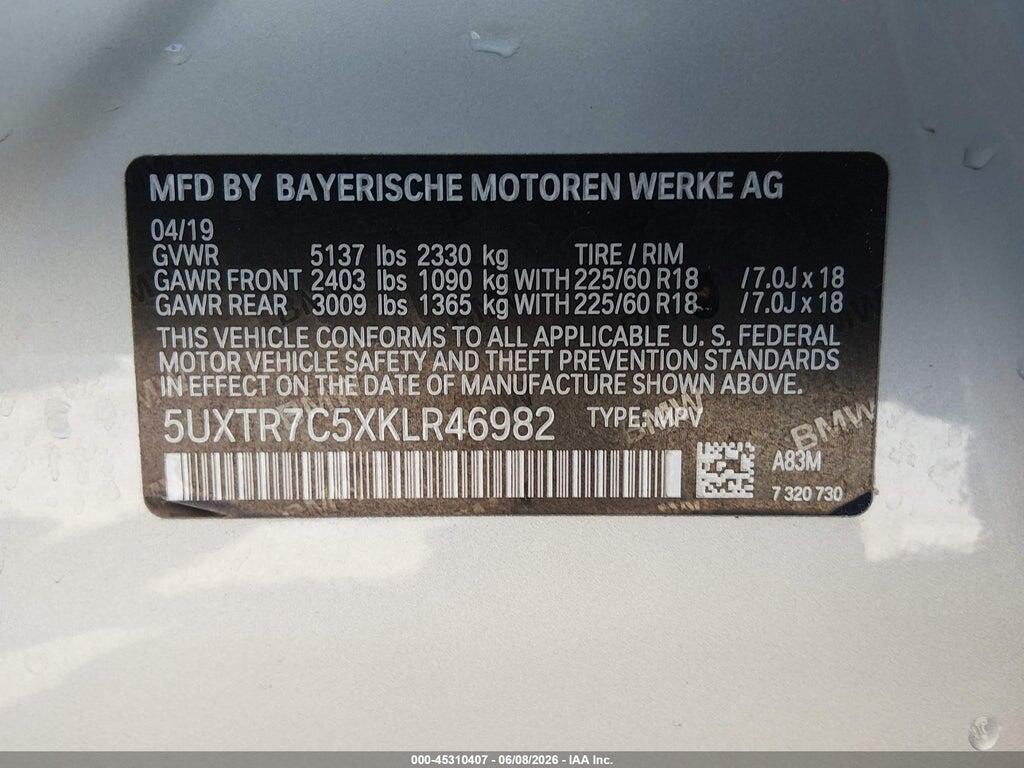 5UXTR7C5XKLR46982 2019 BMW X3 photo no. 9