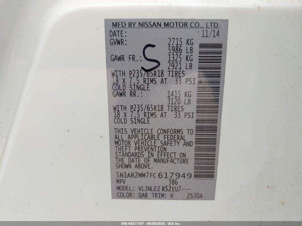 5N1AR2MM7FC617949 2015 NISSAN PATHFINDER photo no. 9