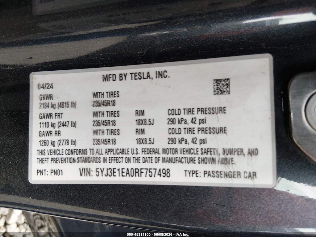 5YJ3E1EA0RF757498 2024 TESLA MODEL 3 photo no. 9