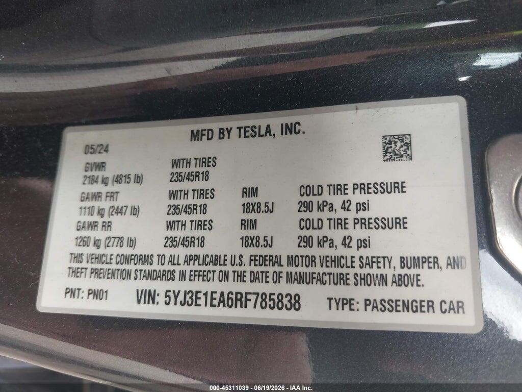 5YJ3E1EA6RF785838 2024 TESLA MODEL 3 photo no. 9