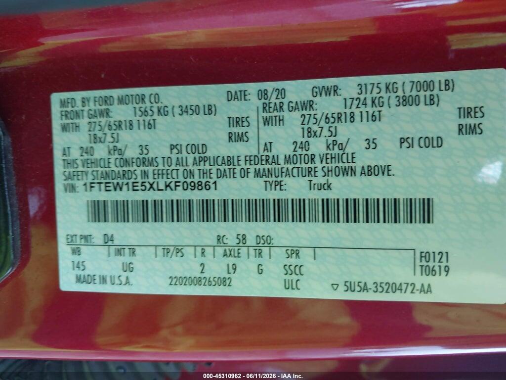 1FTEW1E5XLKF09861 2020 FORD F-150 photo no. 9