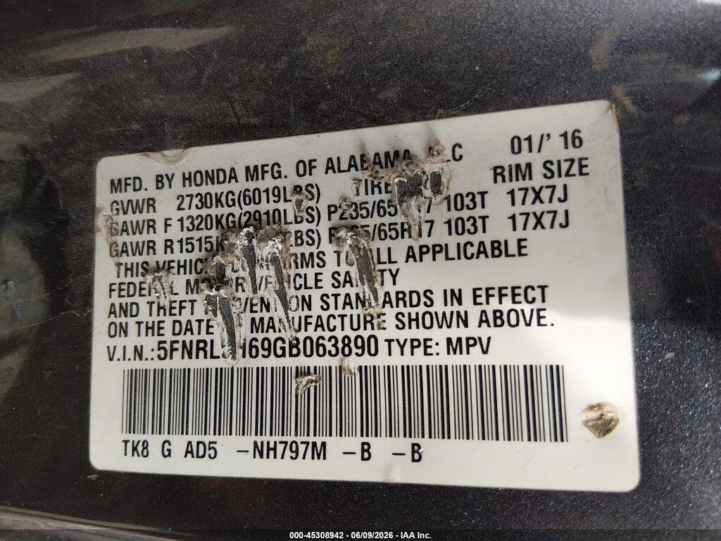 5FNRL5H69GB063890 2016 HONDA ODYSSEY photo no. 9