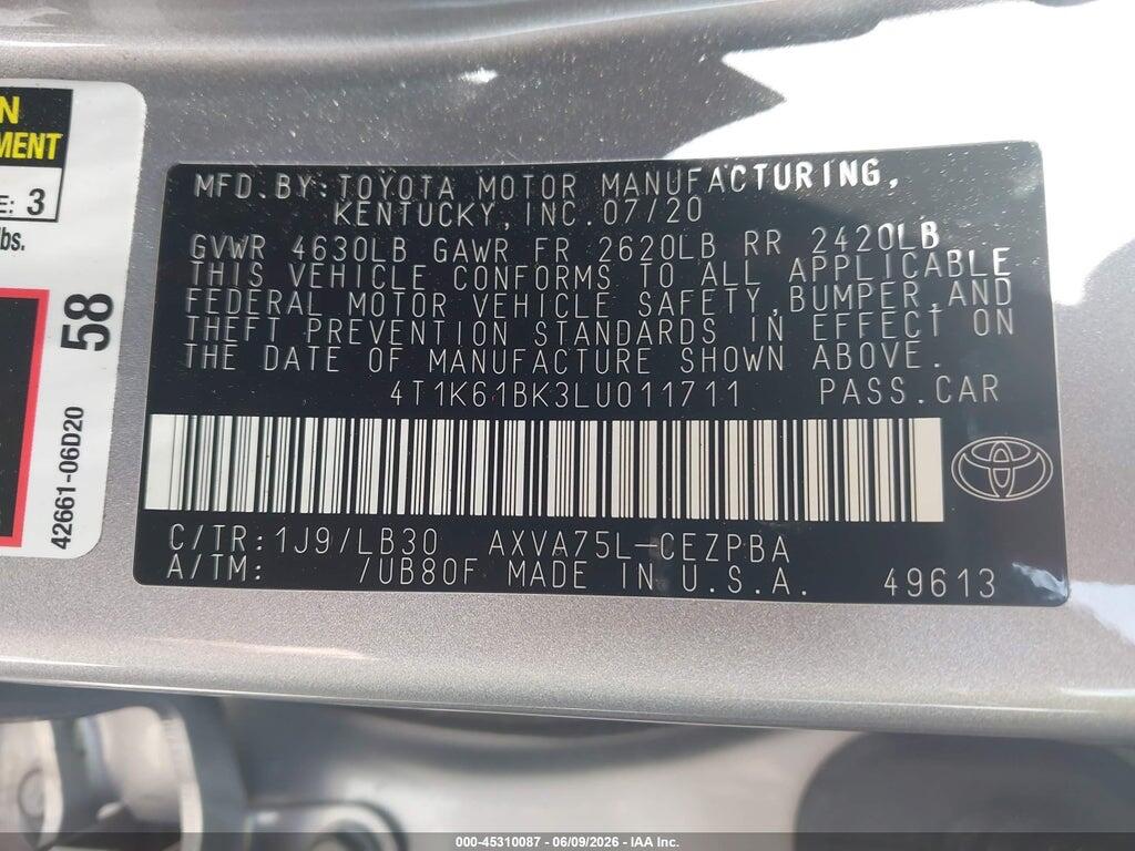 4T1K61BK3LU011711 2020 TOYOTA CAMRY photo no. 9