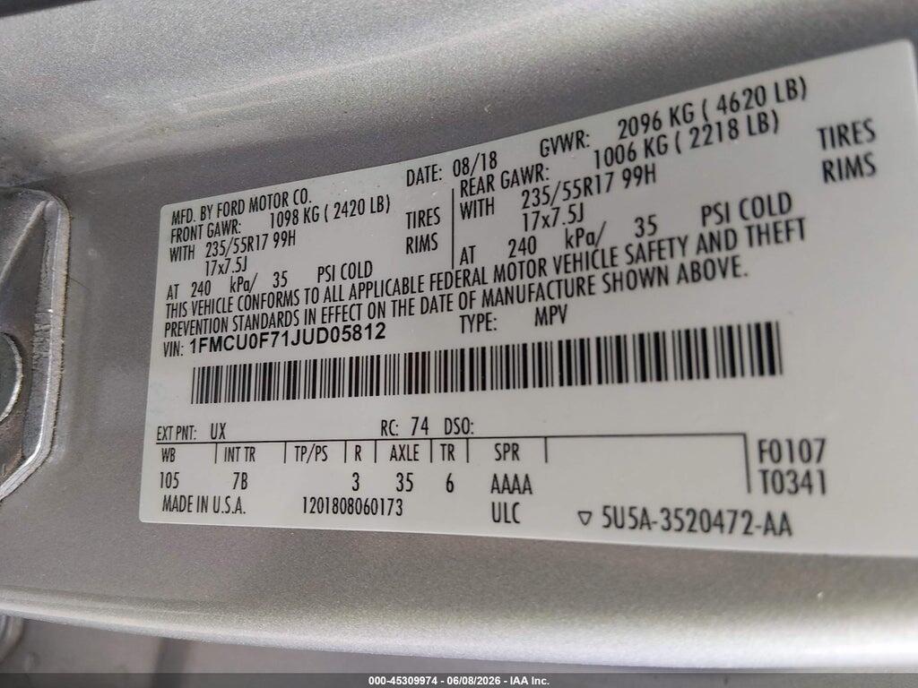 1FMCU0F71JUD05812 2018 FORD ESCAPE photo no. 9