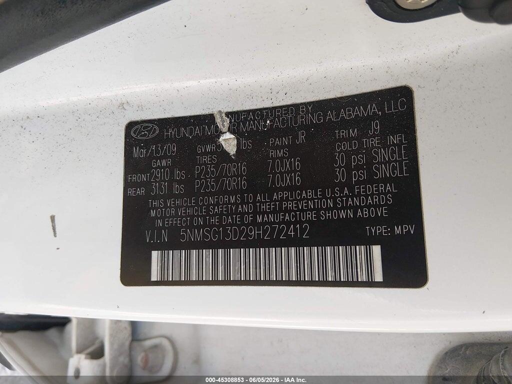 5NMSG13D29H272412 2009 HYUNDAI SANTA FE photo no. 9