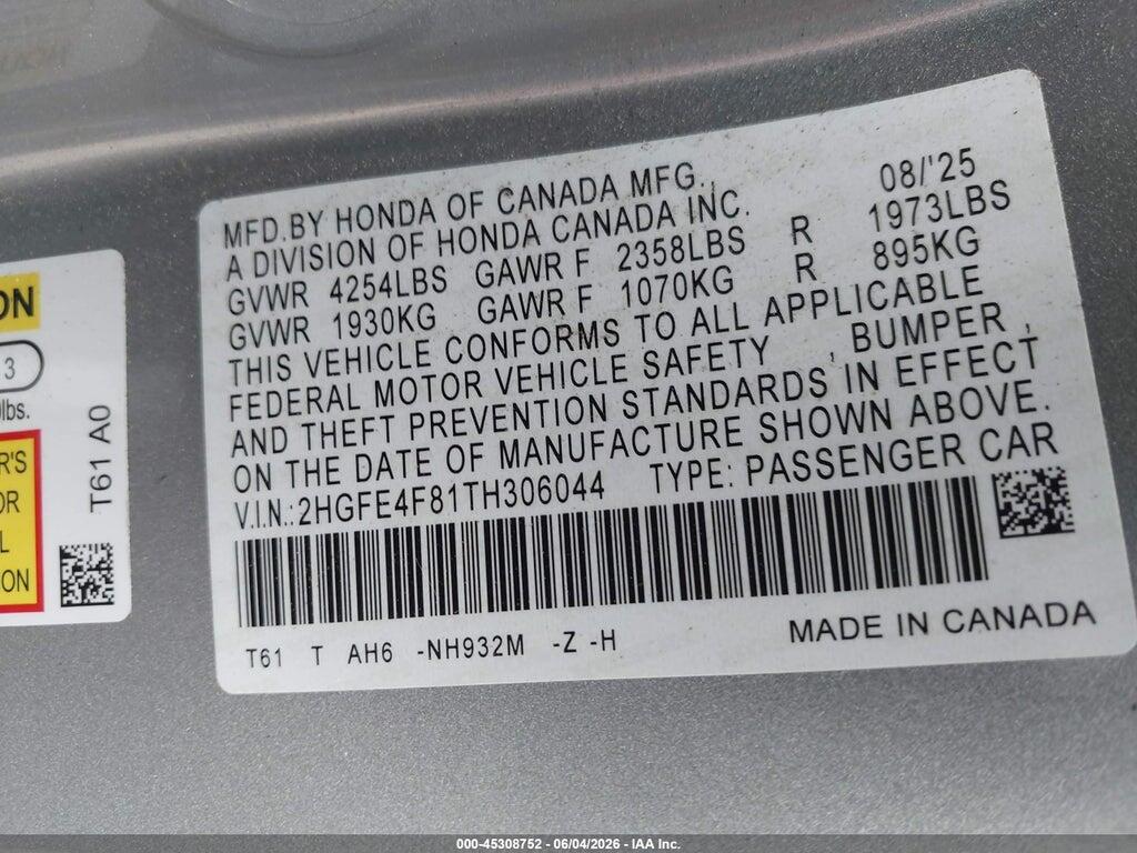 2HGFE4F81TH306044 2026 HONDA CIVIC HYBRID photo no. 9