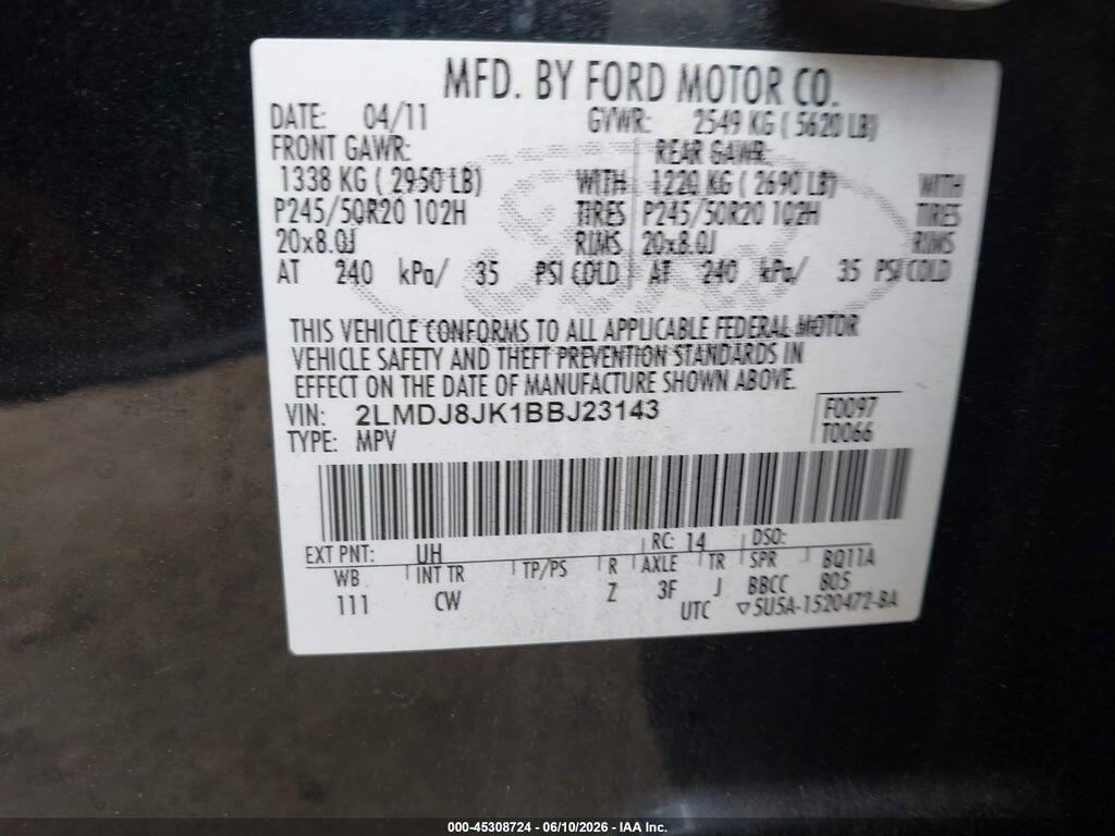 2LMDJ8JK1BBJ23143 2011 LINCOLN MKX photo no. 9