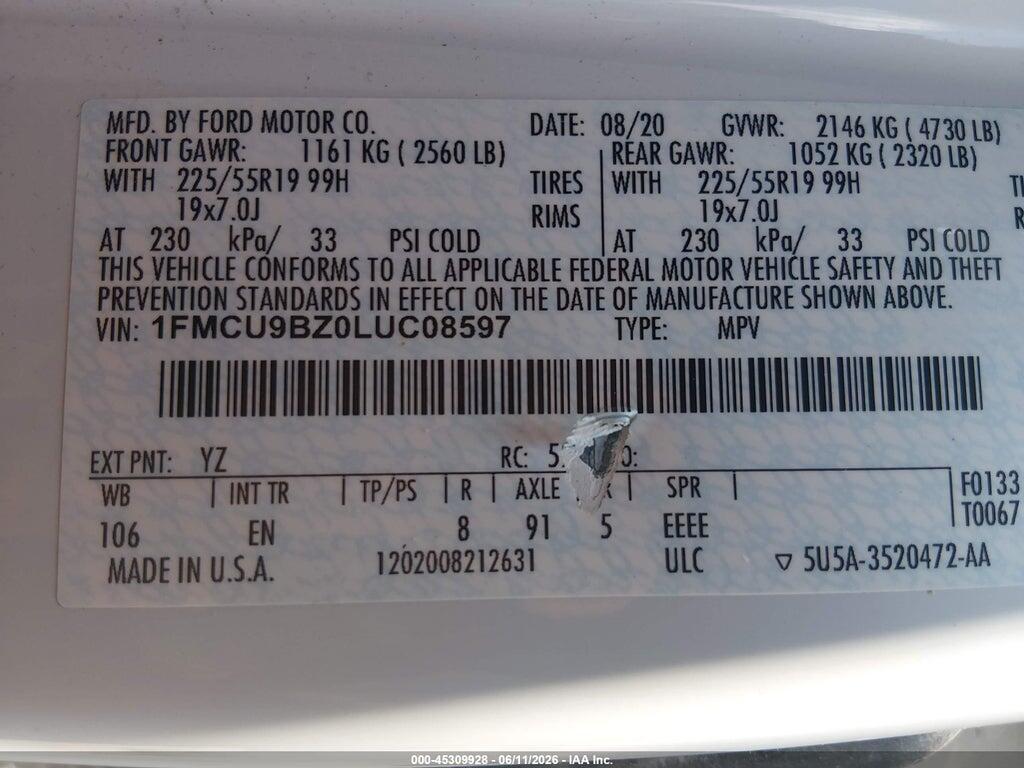 1FMCU9BZ0LUC08597 2020 FORD ESCAPE photo no. 9