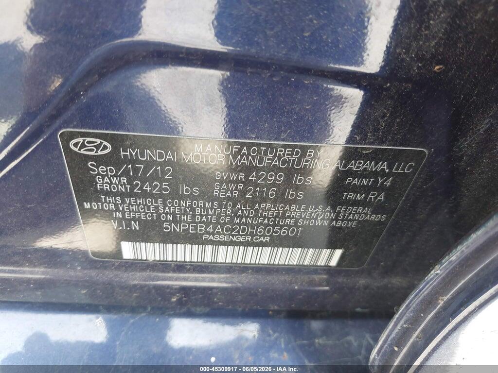 5NPEB4AC2DH605601 2013 HYUNDAI SONATA photo no. 9
