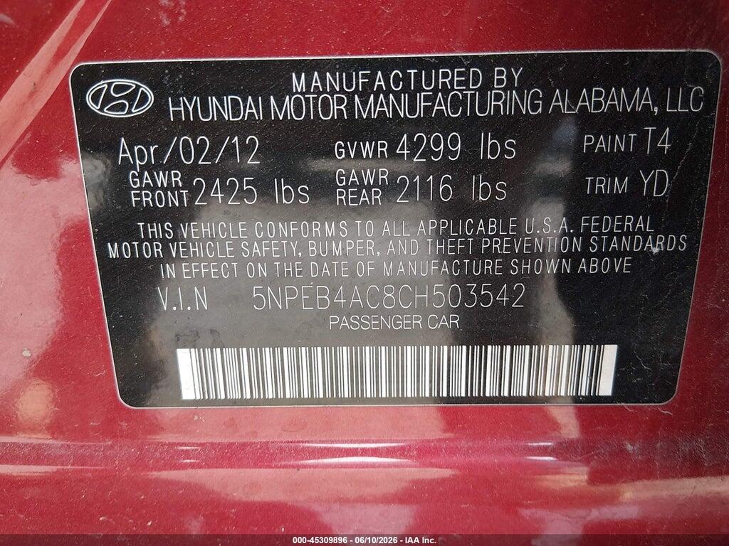 5NPEB4AC8CH503542 2012 HYUNDAI SONATA photo no. 9