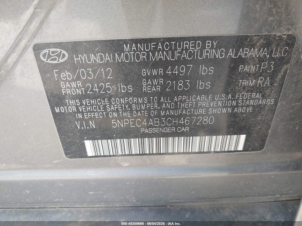5NPEC4AB3CH467280 2012 HYUNDAI SONATA photo no. 9