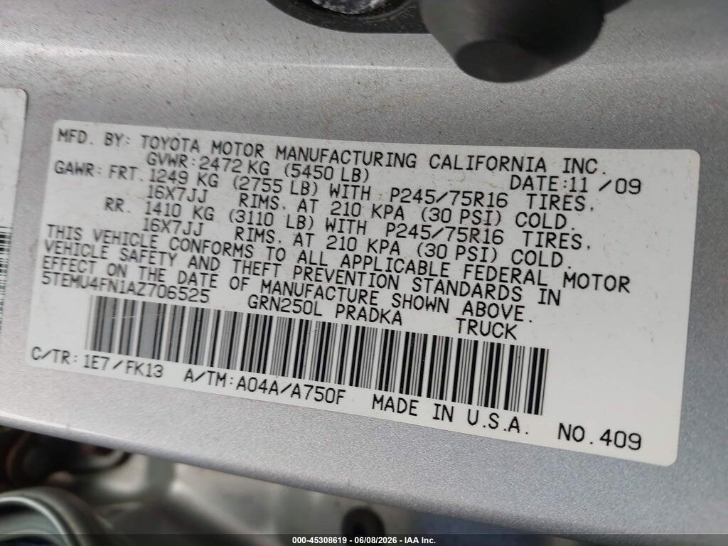 5TEMU4FN1AZ706525 2010 TOYOTA TACOMA photo no. 9