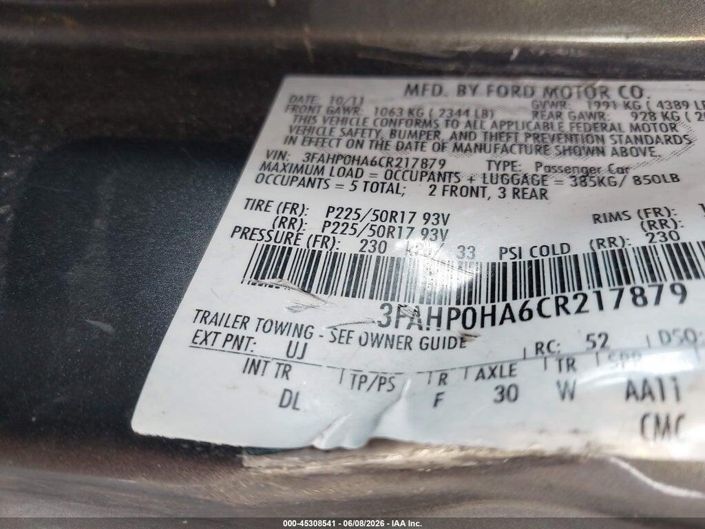 3FAHP0HA6CR217879 2012 FORD FUSION photo no. 9