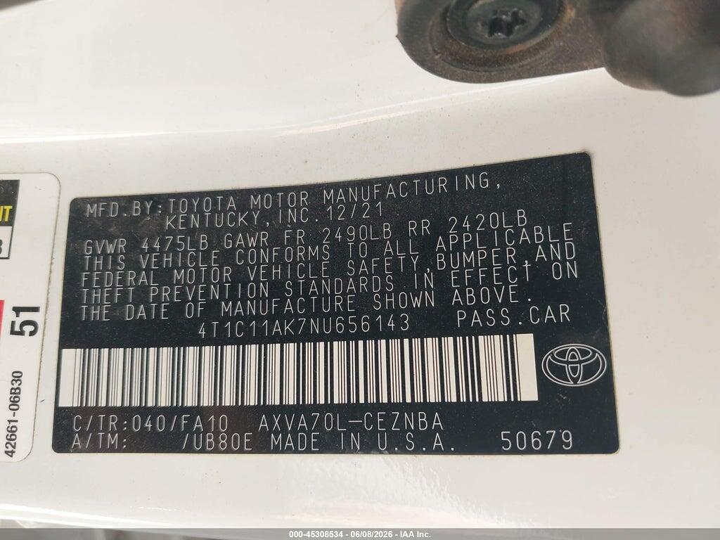 4T1C11AK7NU656143 2022 TOYOTA CAMRY photo no. 9