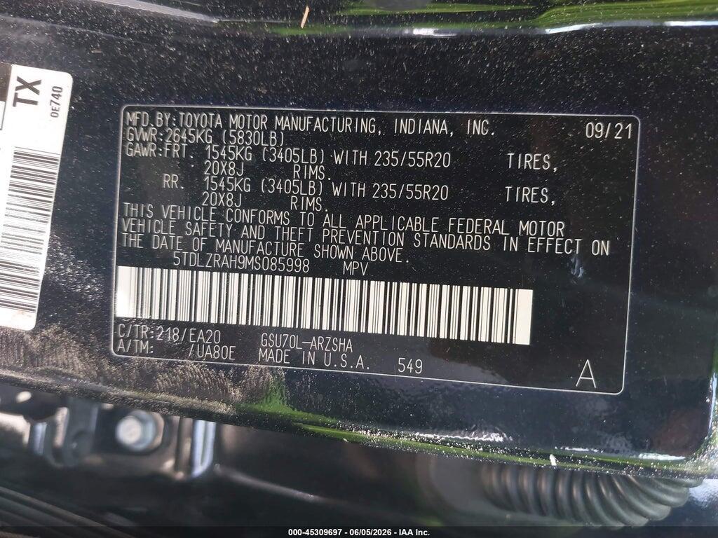 5TDLZRAH9MS085998 2021 TOYOTA HIGHLANDER photo no. 9