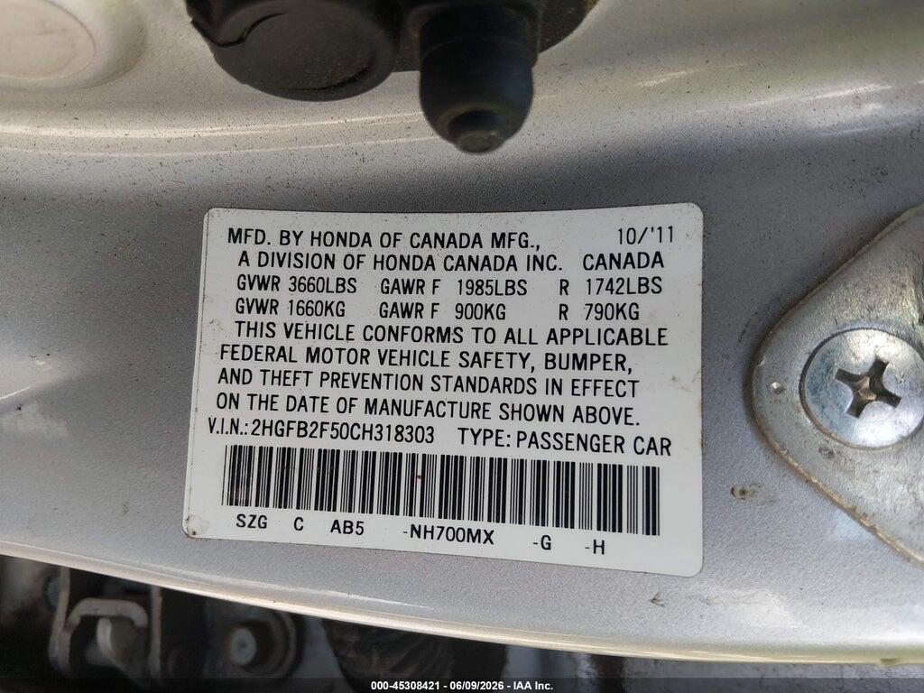 2HGFB2F50CH318303 2012 HONDA CIVIC photo no. 9