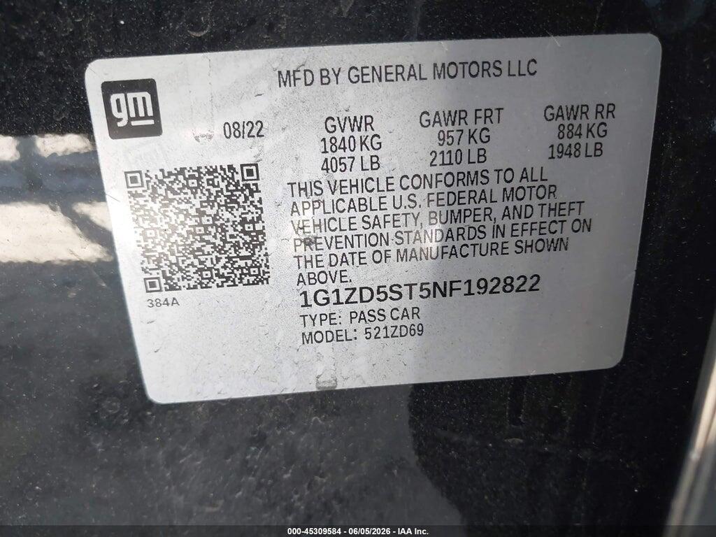 1G1ZD5ST5NF192822 2022 CHEVROLET MALIBU photo no. 9