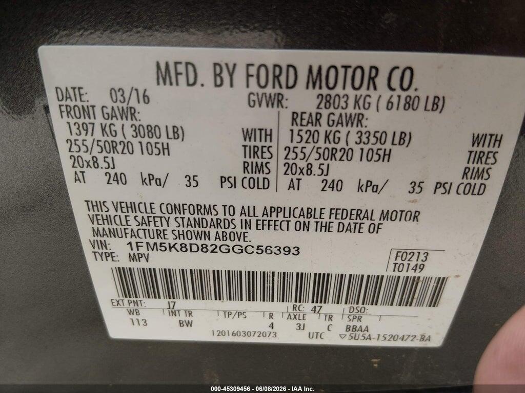 1FM5K8D82GGC56393 2016 FORD EXPLORER photo no. 9