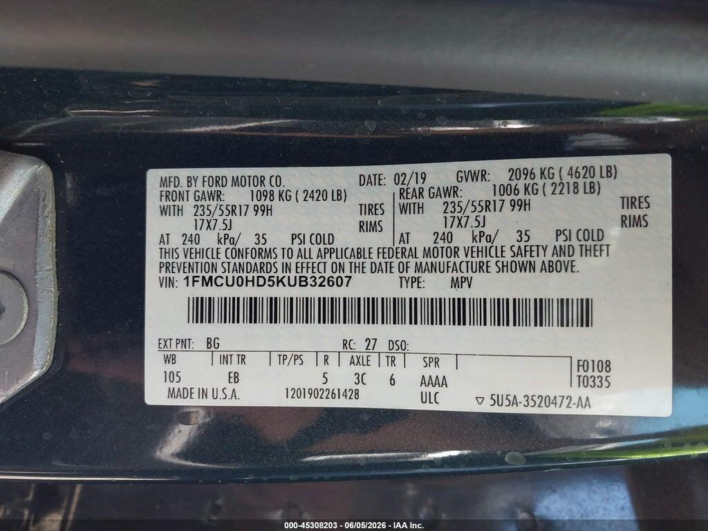 1FMCU0HD5KUB32607 2019 FORD ESCAPE photo no. 9