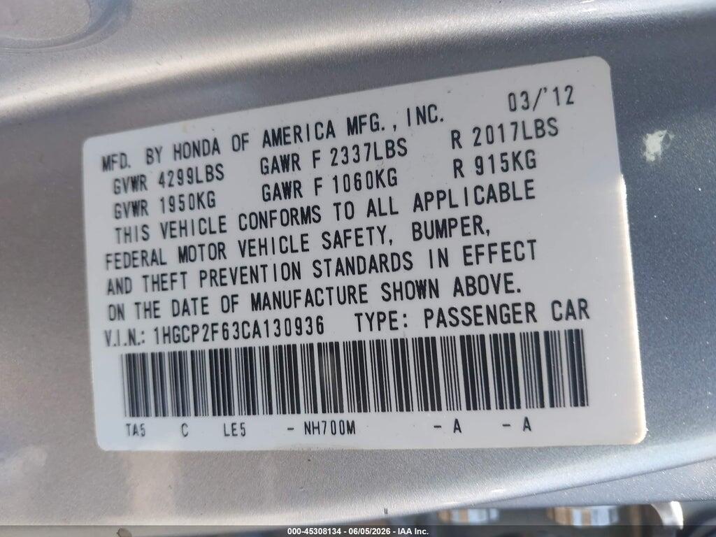 1HGCP2F63CA130936 2012 HONDA ACCORD photo no. 9