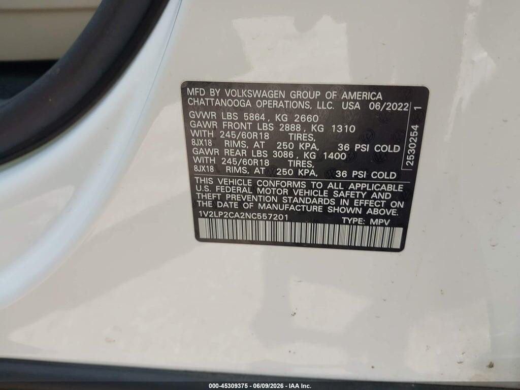 1V2LP2CA2NC557201 2022 VOLKSWAGEN ATLAS photo no. 9