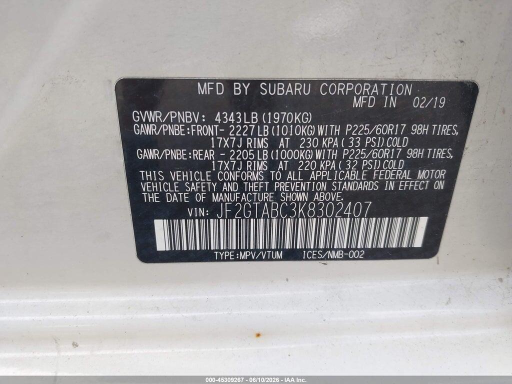 JF2GTABC3K8302407 2019 SUBARU CROSSTREK photo no. 9