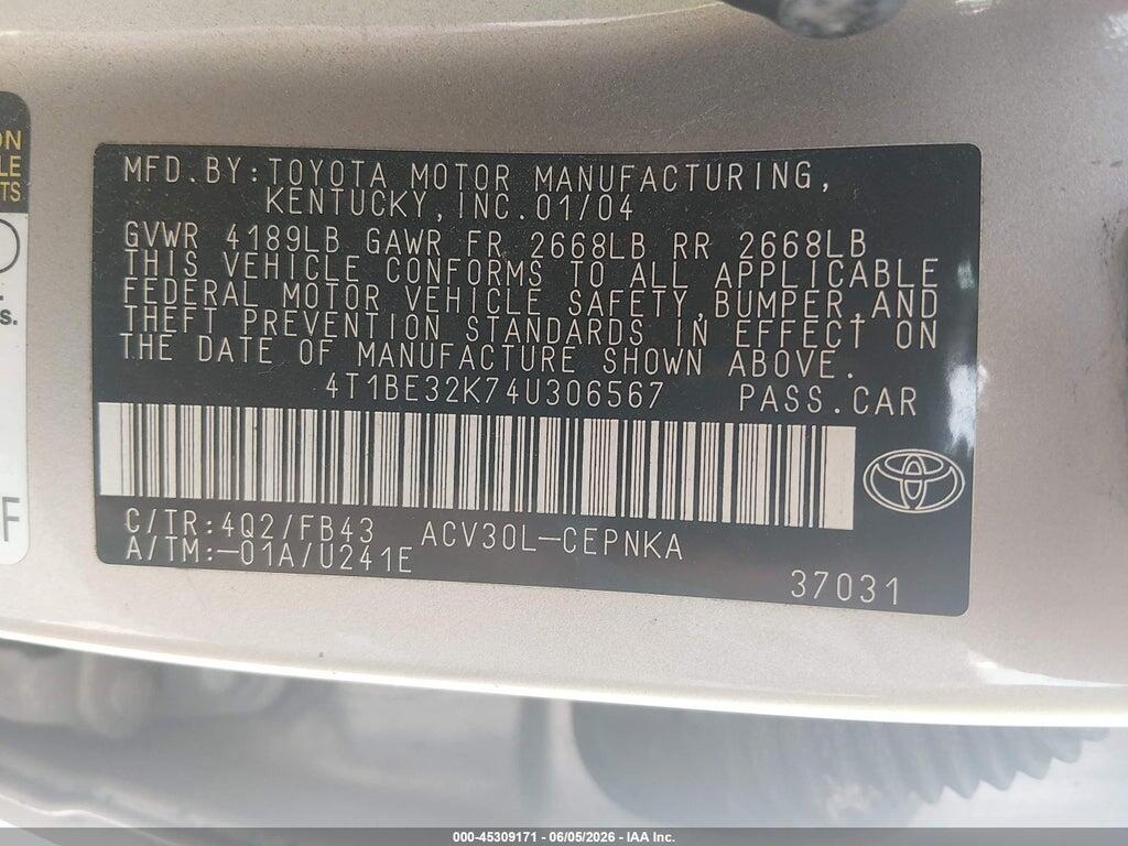 4T1BE32K74U306567 2004 TOYOTA CAMRY photo no. 9