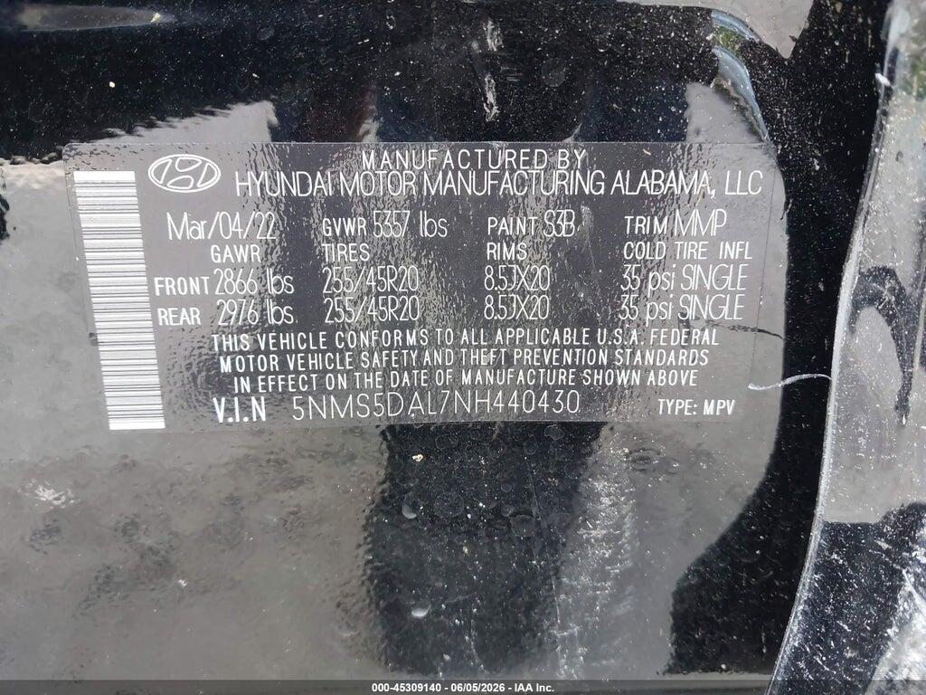 5NMS5DAL7NH440430 2022 HYUNDAI SANTA FE photo no. 9