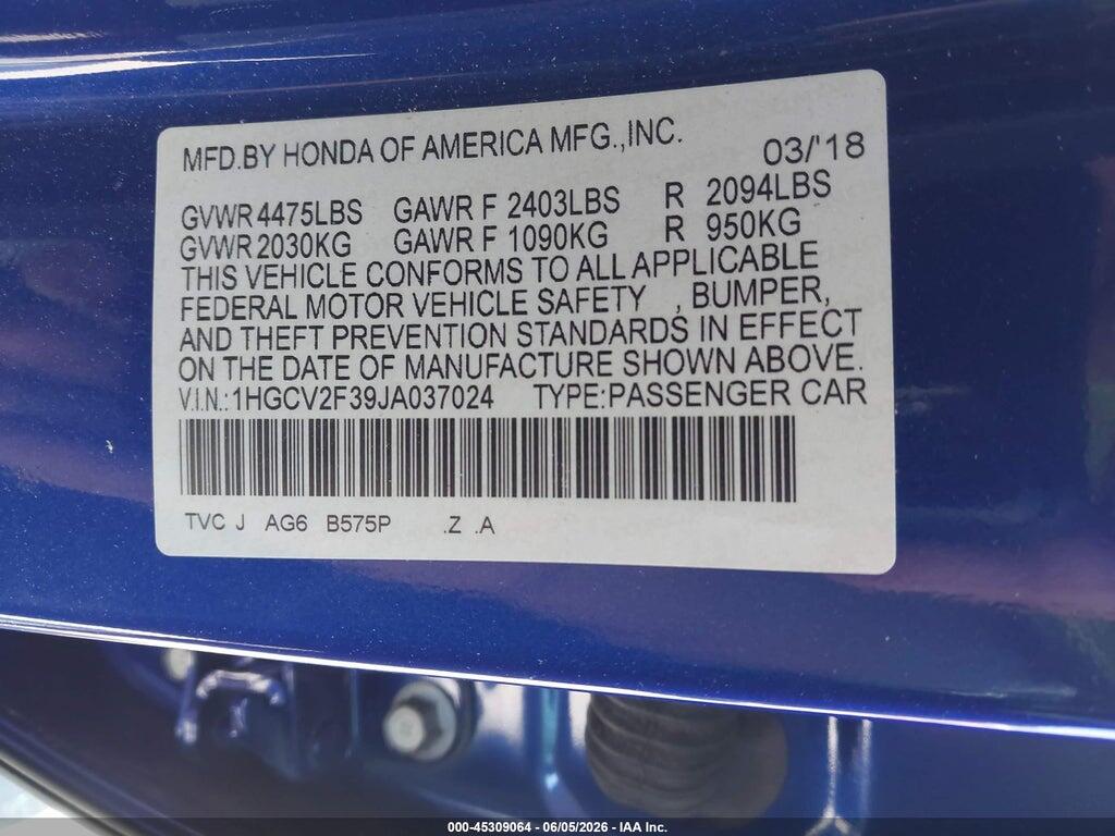 1HGCV2F39JA037024 2018 HONDA ACCORD photo no. 9